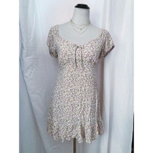 WILD FABLE pink+yellow floral sweetheart neckline puff sleeve mini dress